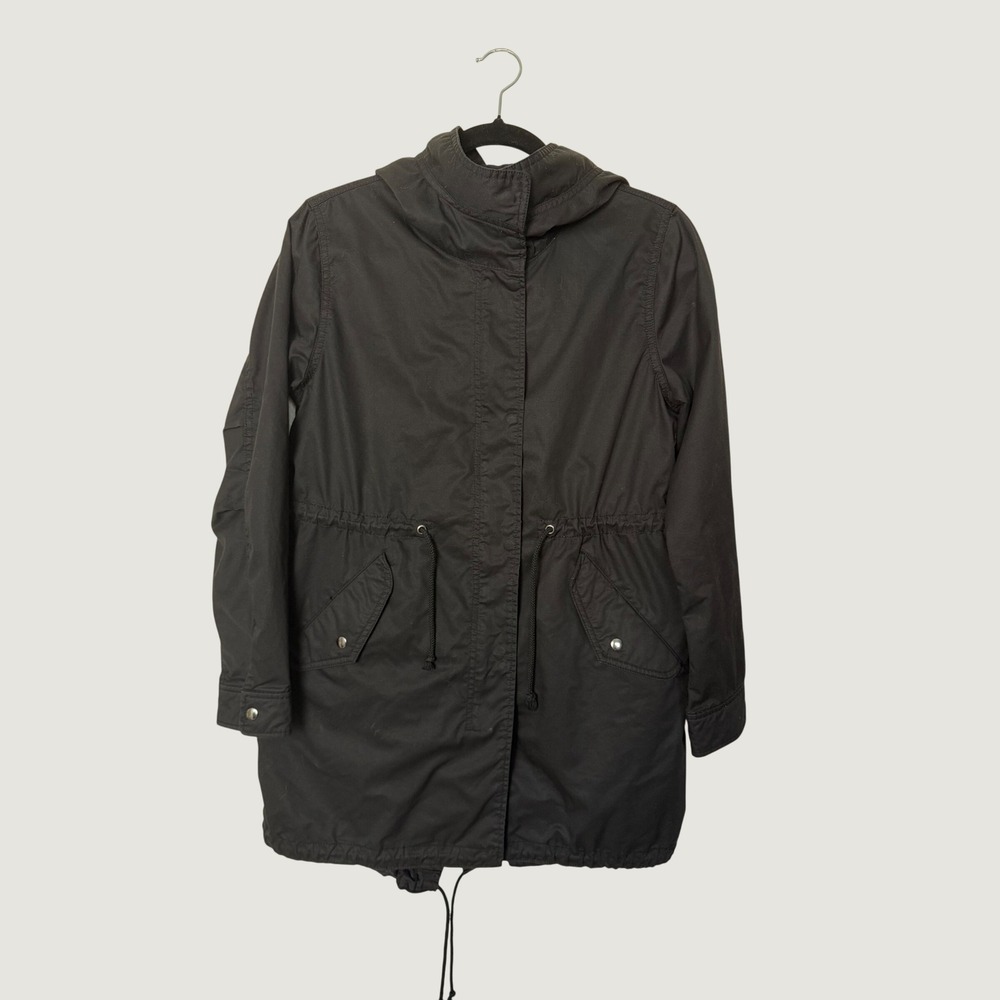 Uniqlo Black Hooded Fishtail Parka Jacket Womens Size S Drawstring Waist Utility